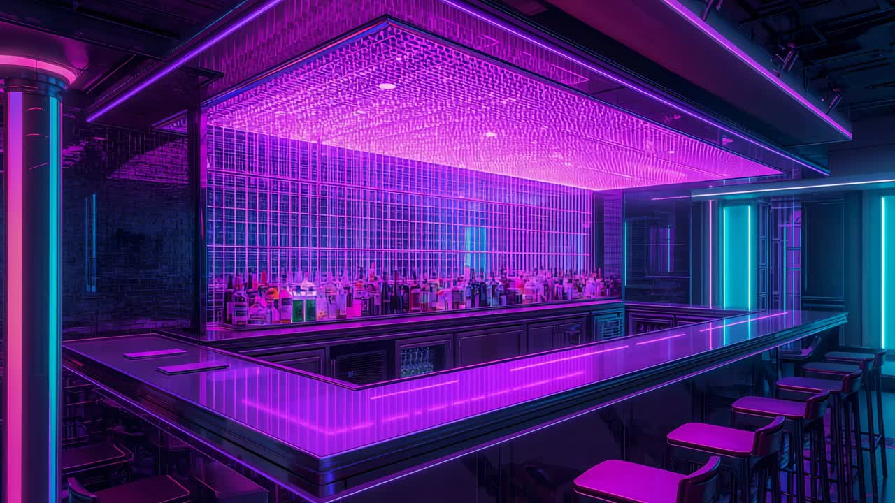 Camera starting filming glowing L-shaped bar dominating club with magenta top bottles stools