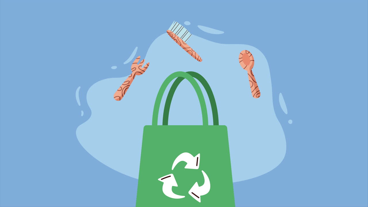bolsa ecológica verde con animación de flechas de reciclaje