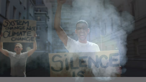 diverse group of angry activists holding cardboard banners while giving slogans in protest march