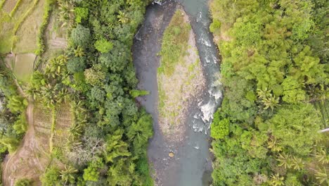 overhead drone shot of rocky river with a small landmass in the middle