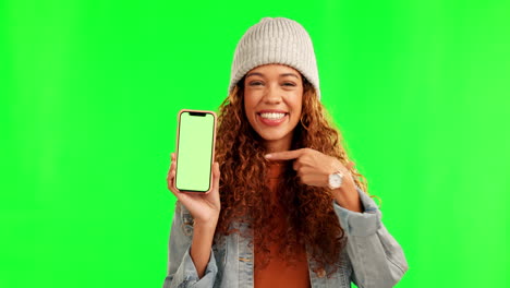 happy woman, phone mockup and pointing