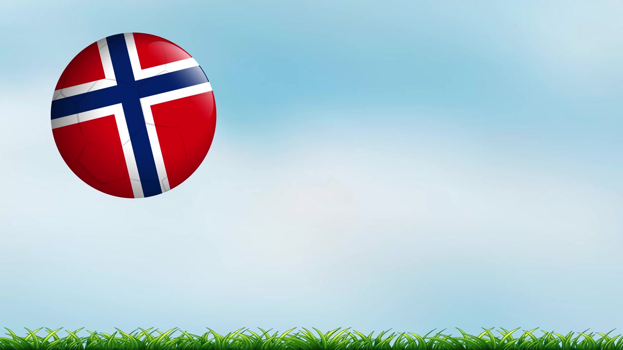 Animert fotball med norske flaggfarger spretter over grønt gress under blå himmel