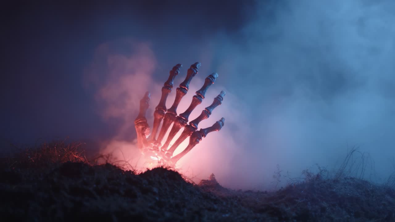 Eerie Glowing Skeleton Hand Emerges from Dark Soil Shrouded in Mystic Fog, Creating a Haunting Visual of the Unknown and the Supernatural