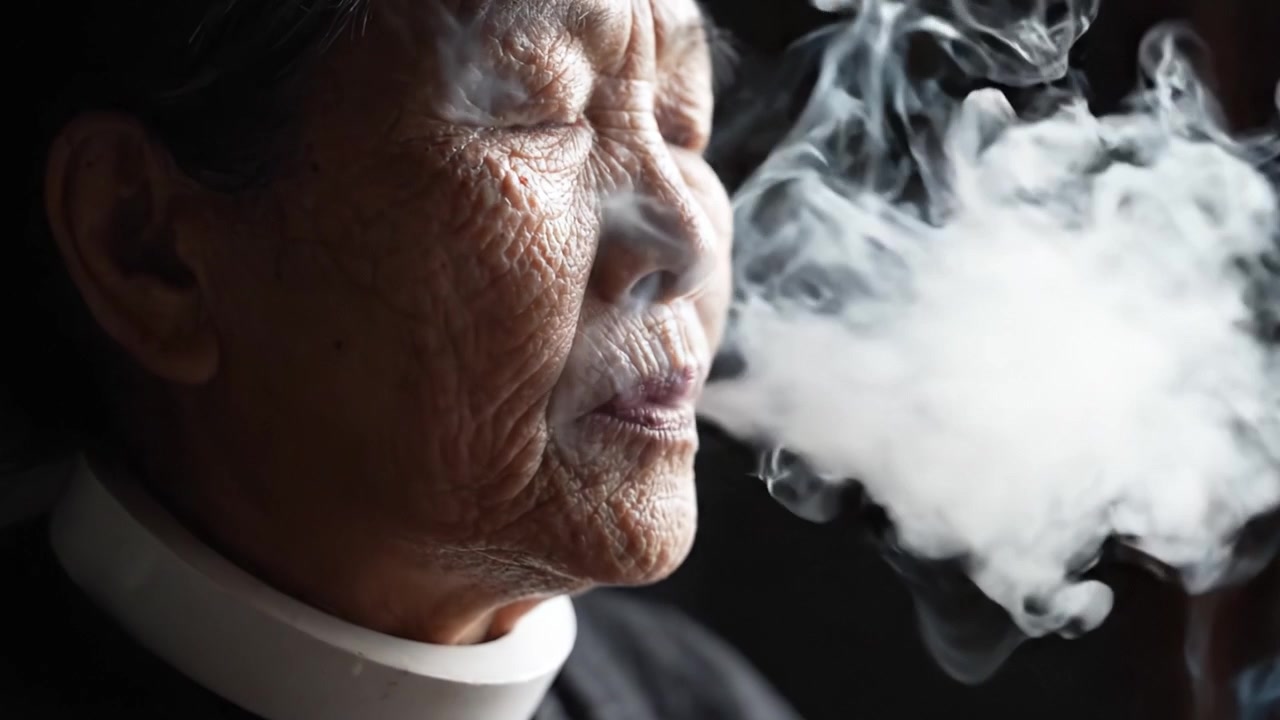 Riflessioni sul viaggio della vita: un ritratto intimo di una donna anziana mentre contempla la vita con una sigaretta, circondata da volute di fumo in una stanza in penombra.