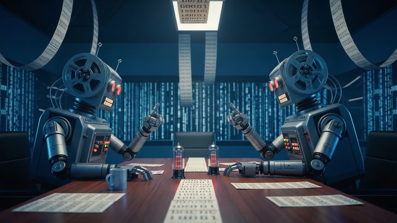 Two Robots Engaged in a Thoughtful Discussion in a Futuristic Setting, Analyzing Data with Advanced Technology and Digital Displays in a High-Tech Environment