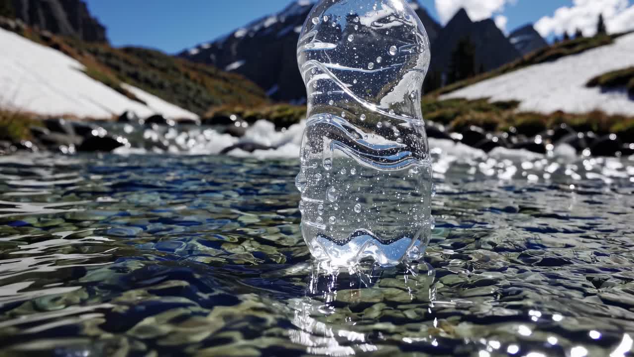 Nærbilledvideo af en plastikflaske, der flyder i en klar strøm, fanget fra en lav vinkel.