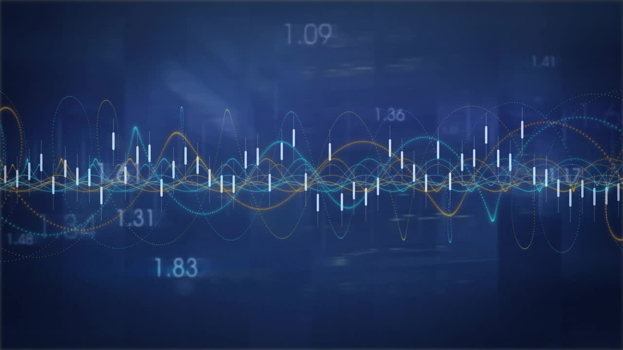Analyzing financial data, fluctuating graphs and numerical values over blue background