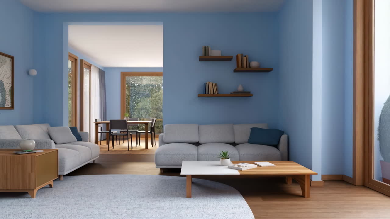 A modern living room and dining area with blue walls