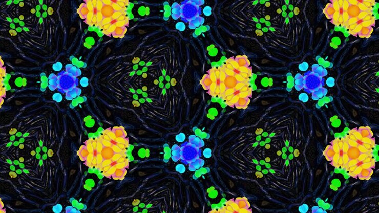 kaleidoscope effect from wavy shiny liquid surface with distorted circles float like drops of paint in oil. Creative background with multicolor gradient in 4k. 3d