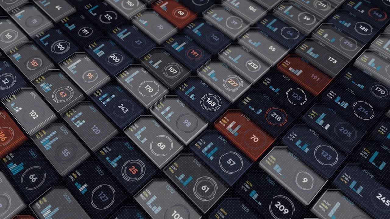 interfaz digital futurista con datos e información mostrados en una cuadrícula de pantallas