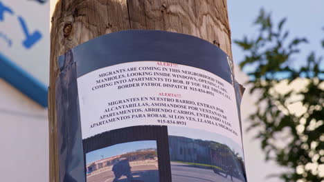 volante en el vecindario hispano advirtiendo a la gente sobre los inmigrantes en las calles de el paso, texas