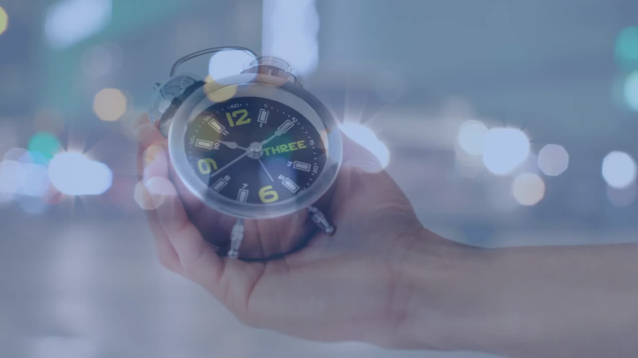 Animation of alarm clock, data processing over cityscape