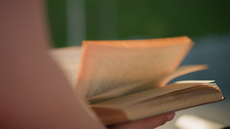 Close-up of individual holding book as pages flip rapidly to the right, sunlight casts a soft glow on the pages while the background, featuring greenery, is blurred