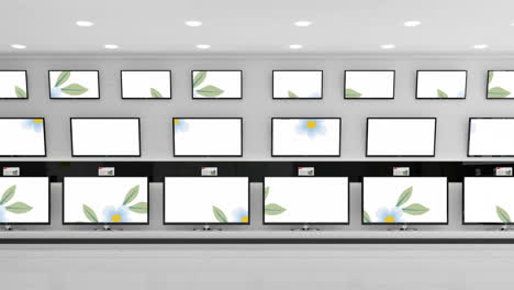 Animation-of-leaves-and-flowers-falling-displayed-across-multiple-flat-screen-tvs-in-shop-display