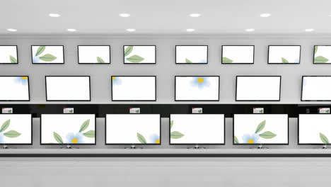 animation of leaves and flowers falling displayed across multiple flat screen tvs in shop display