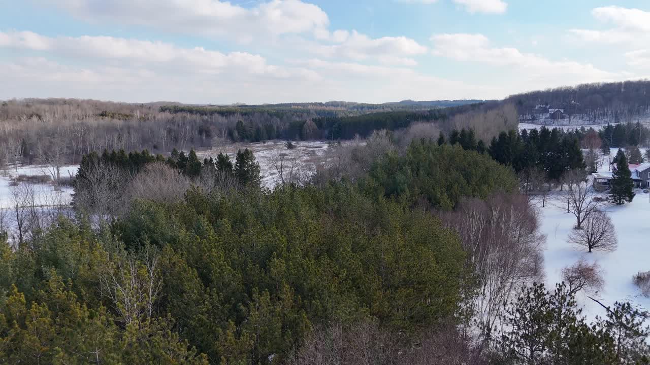 Coniferous Forest Landscape During Winter At Caledon In Southern Ontario, Aerial Flyover.