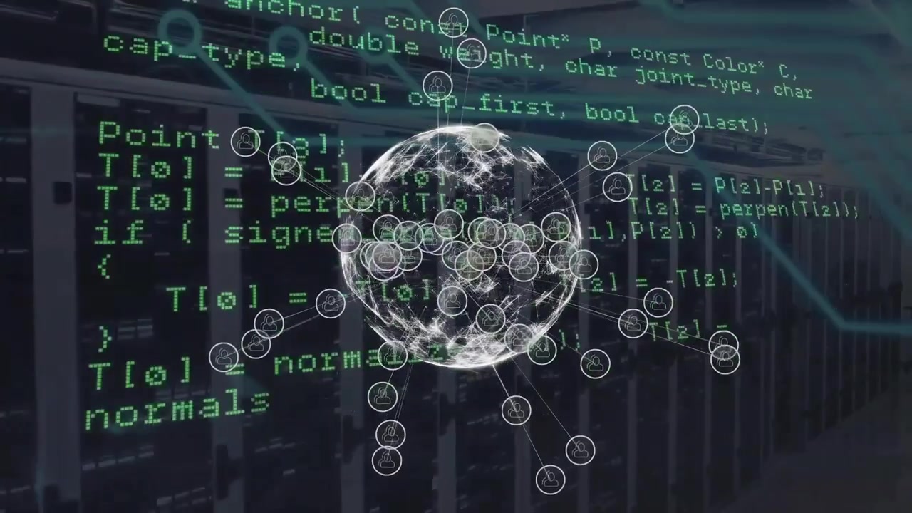 Animation of financial data processing over network of connections with globe and servers