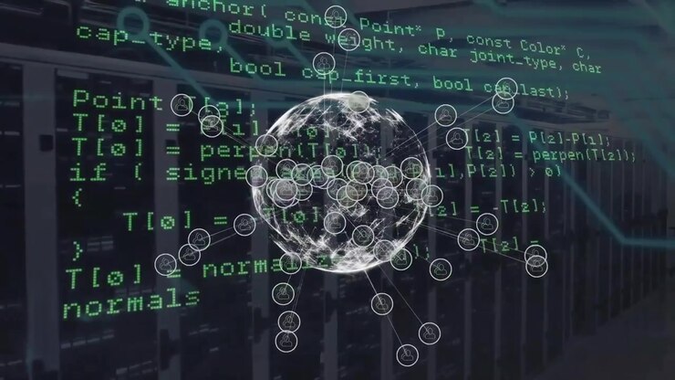 Animation of financial data processing over network of connections with globe and servers