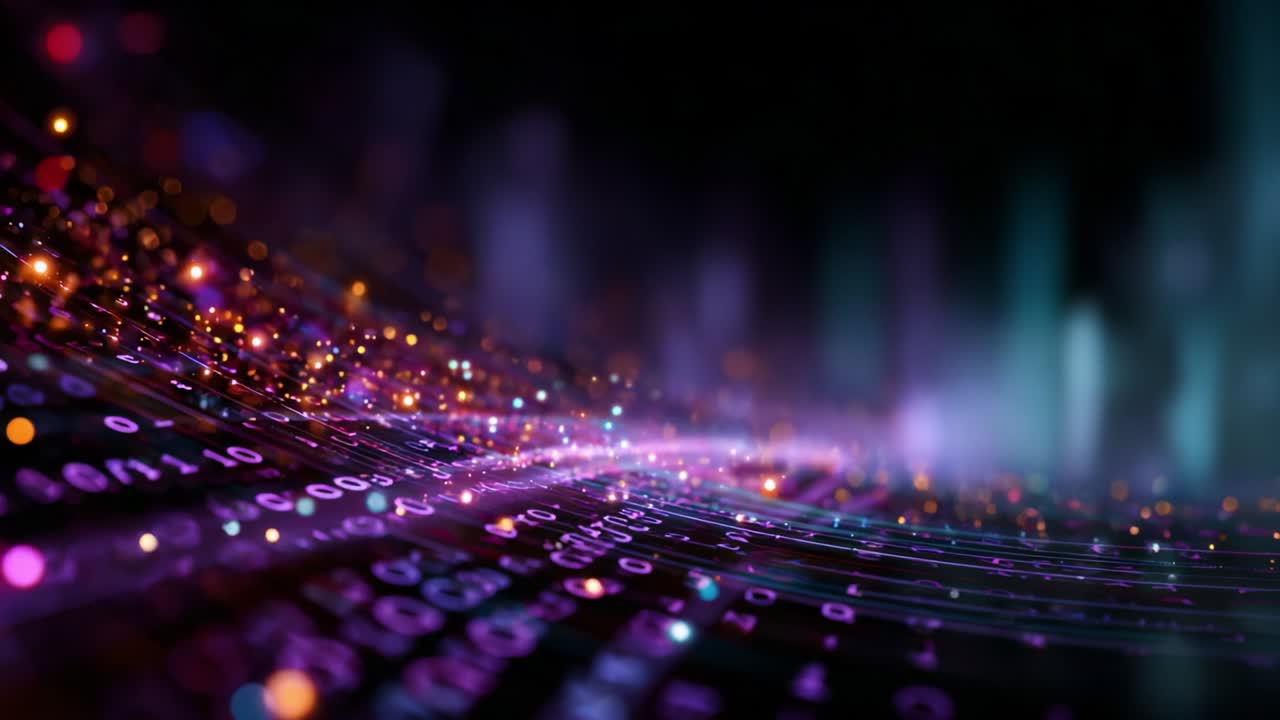 An intricate visualization of data flow, showcasing vibrant colors intertwined with binary code, creating a mesmerizing abstract representation of digital connectivity and the essence of modern technology