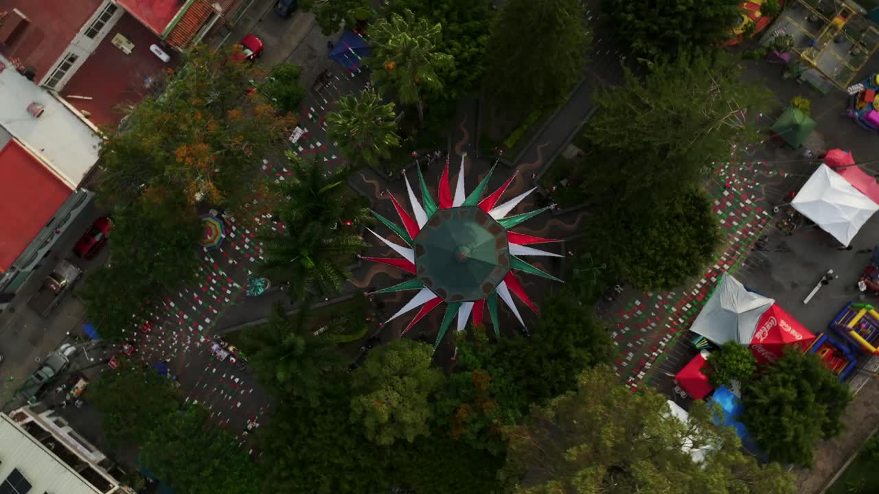 Aerial View of a Town Square Decorated for a Mexican Celebration