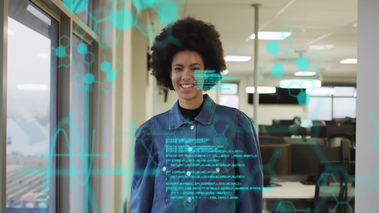 Woman standing by office window starting tech code scrolling around her becoming confident smile