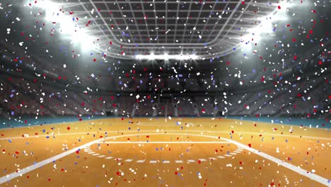 Animation-of-blue-and-red-confetti-falling-over-sports-stadium