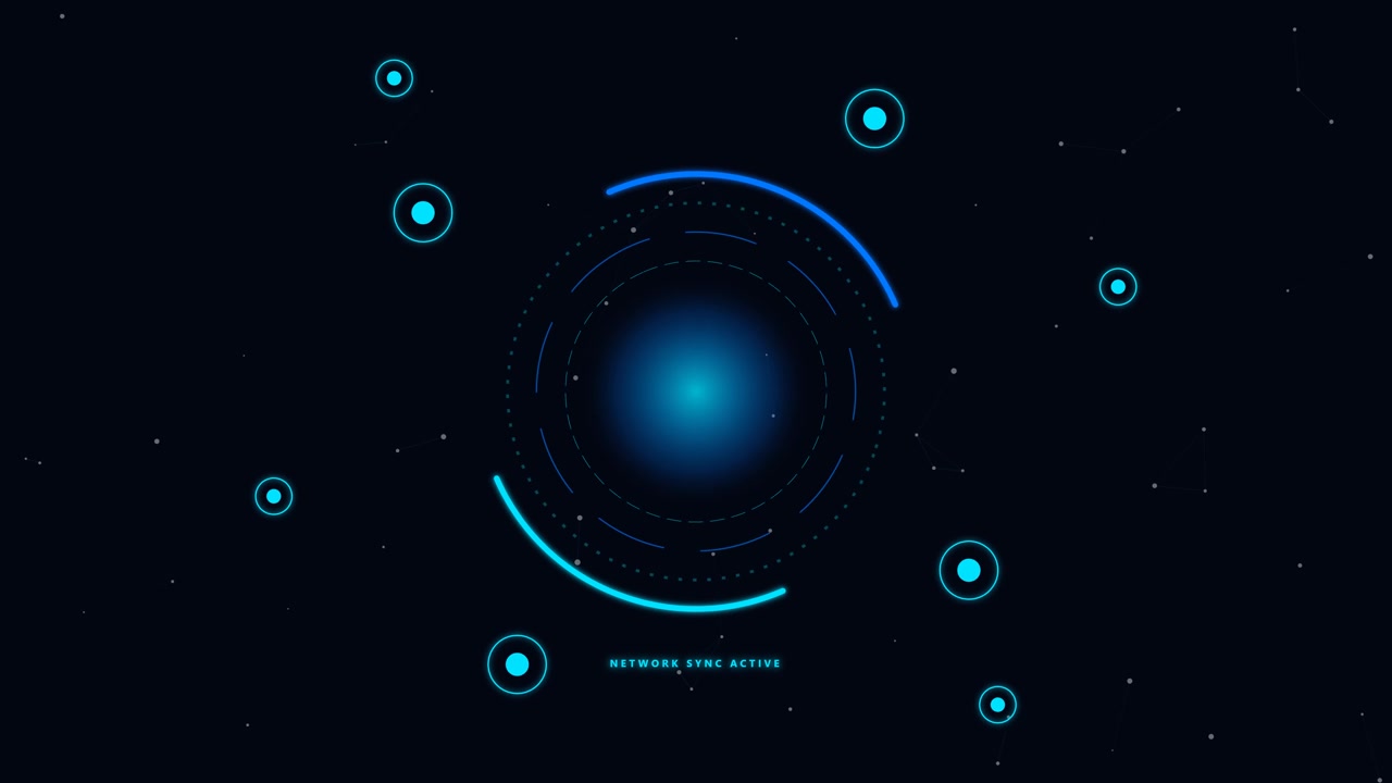 Digital Network Sync Interface with Glowing Blue HUD Elements