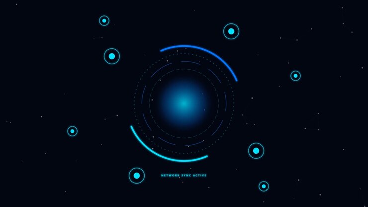 Digital Network Sync Interface with Glowing Blue HUD Elements