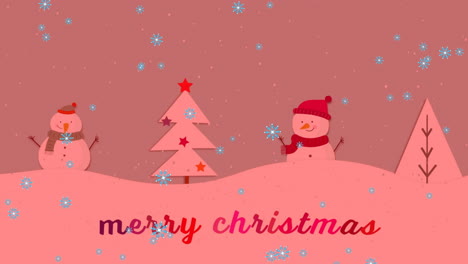 animation of merry christmas text over snow falling and snowman in winter scenery