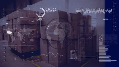 Animation-of-map,-globe,-loading-circles,-graph,-computer-language-over-cardboard-boxes-in-warehouse