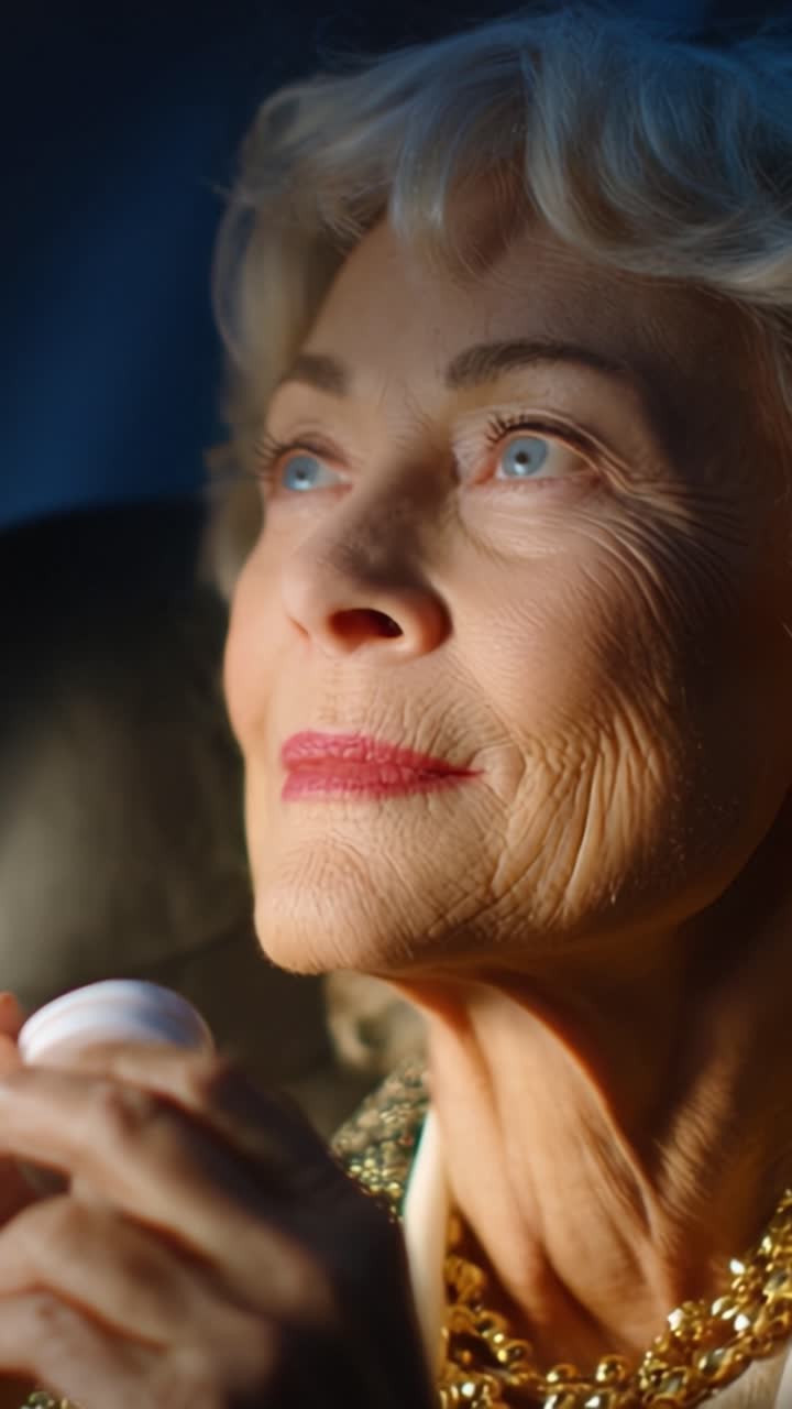 A Graceful Elderly Woman with Captivating Blue Eyes Reflects on Life While Holding a Small Container, Displaying Poise and Wisdom in a Gentle Light