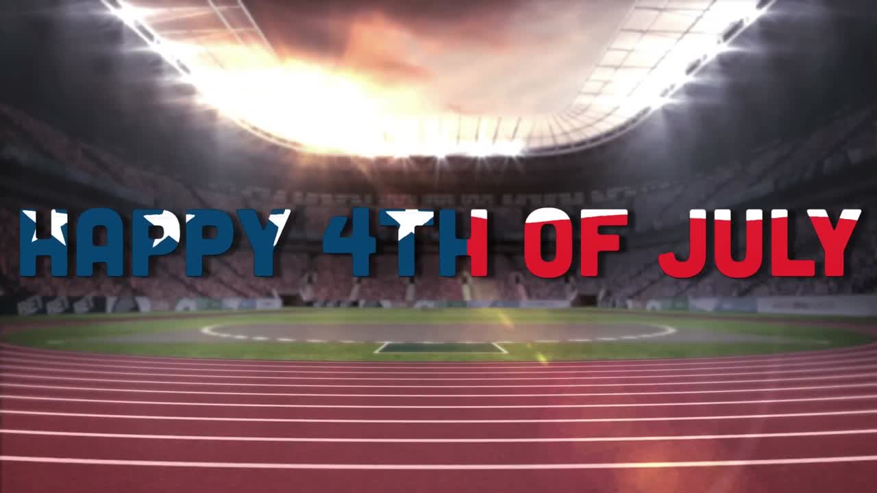 Animación de texto del Día de la Independencia sobre un estadio deportivo