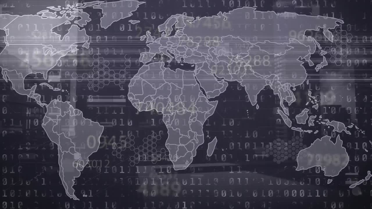 Animation of binary codes over changing numbers and map against modern buildings in background