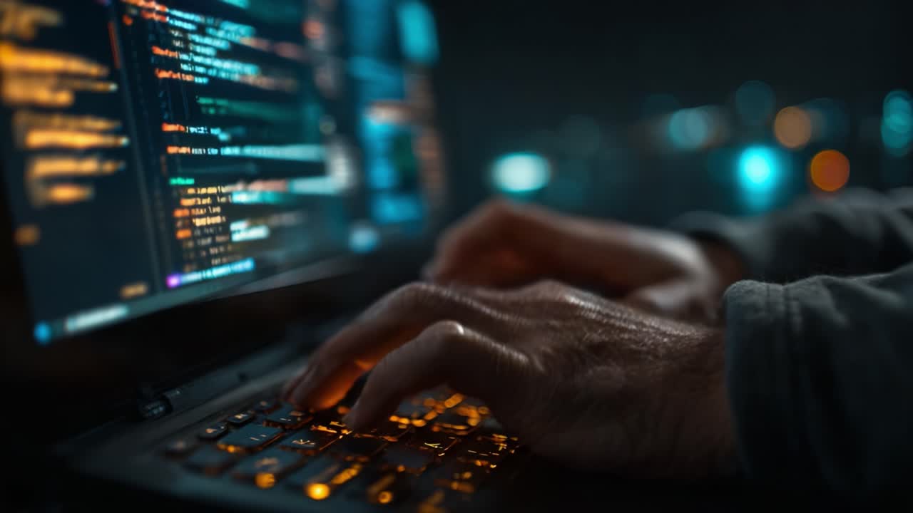 A Steady Hand Overflows with Digital Insights as Code Executes in the Dark of Night, Emphasizing Focus and Precision in a High-Tech Environment