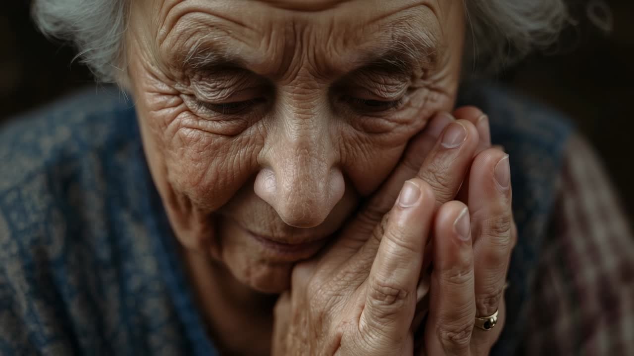 Opening shot capturing sweater-clad woman pressing hands to right cheek at home, seeking comfort