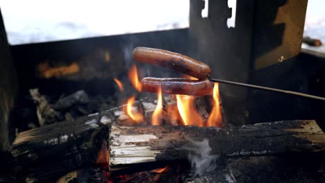 Roasting-two-hot-dogs-on-a-camp-fire