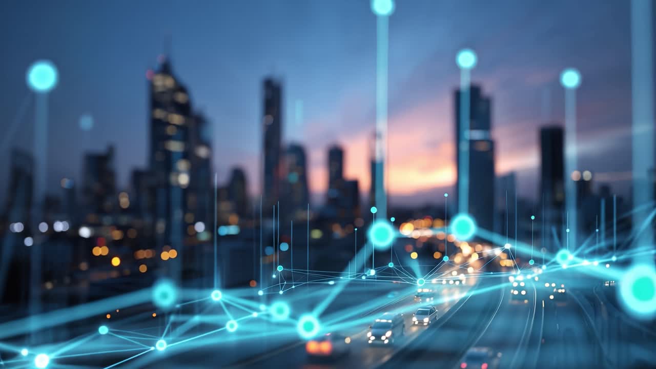 Un paesaggio urbano futuristico al tramonto, skyline urbano illuminato con flusso di traffico ed elementi astratti di visualizzazione dati in primo piano.