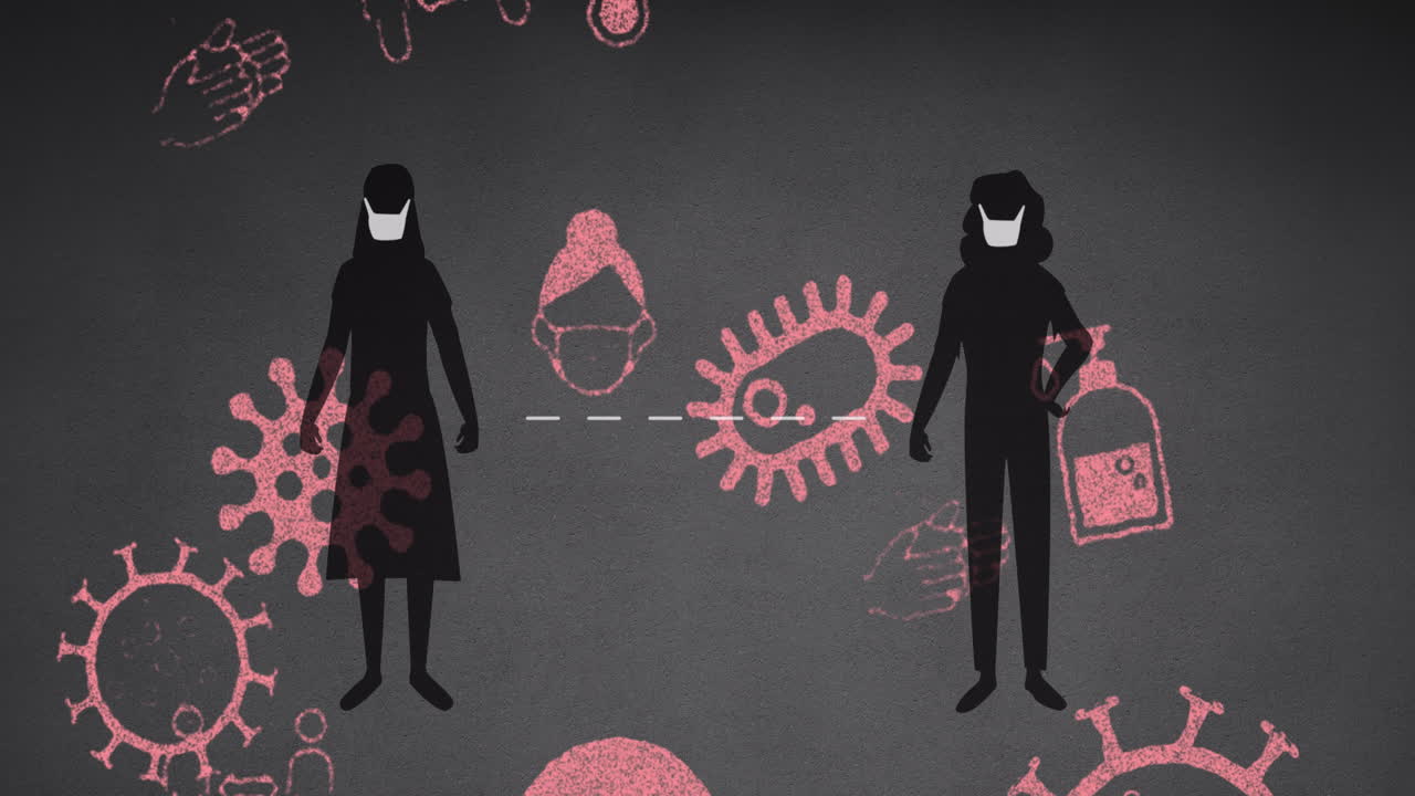 Silhouette of two woman wearing face mask against Coronavirus concept icons