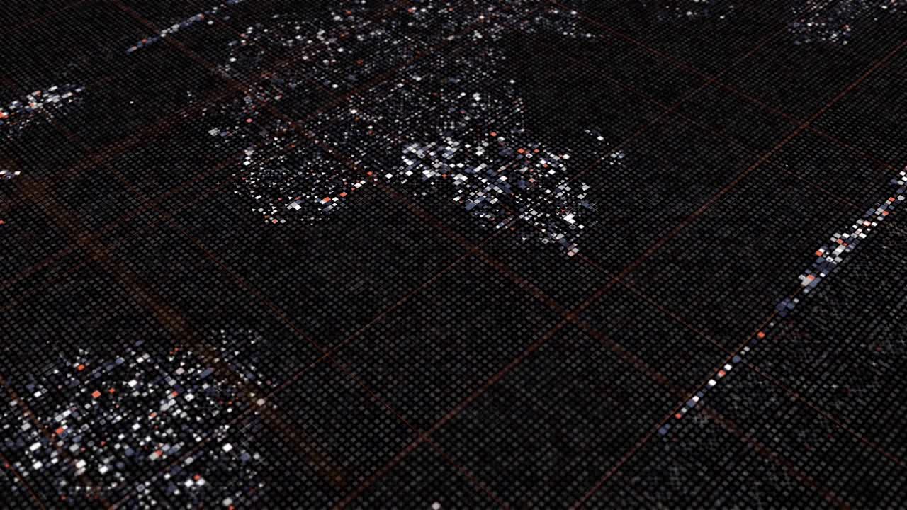 다채로운 점과 선으로 디지털 스크린에서 세계 지도의 추상적인 애니메이션, 원활한 루프, 애니메이션, 사이버 공간에서 디지털 화면으로 추상적인 지구 배경