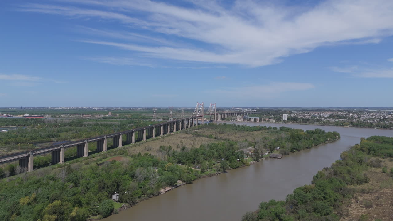 Stunning aerial view over suspension bridge Zárate Brazo Largo over Paraná River, Argentina