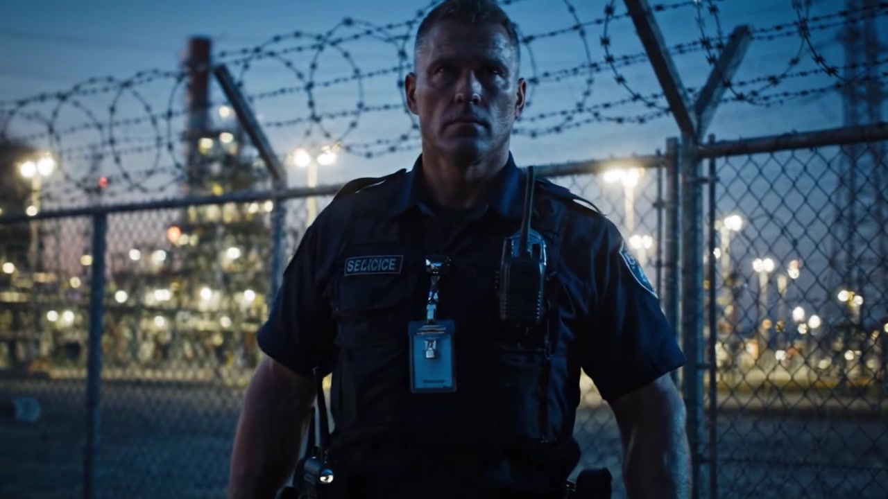 A vigilant security officer stands guard at a critical industrial facility during twilight, showcasing a blend of duty and fortitude against a backdrop of power generation.