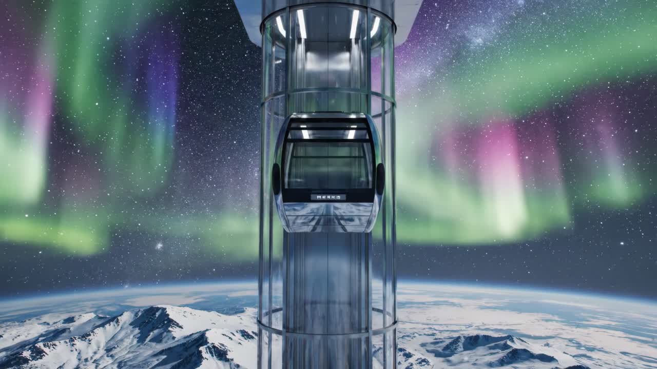 A futuristic space elevator concept with the Aurora Borealis and Earth in the background