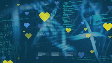 Animation-of-multiple-blue-and-yellow-heart-icons-over-dna-structures-against-data-processing