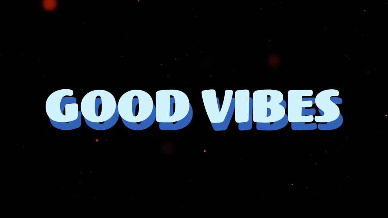 Animation of good vibes text over geometric shapes against black background