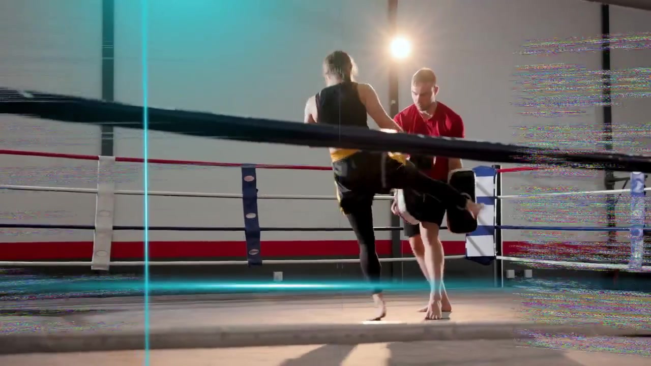 Coach raising pads starting athlete advancing, punching and kicking for drill under glitch overlay