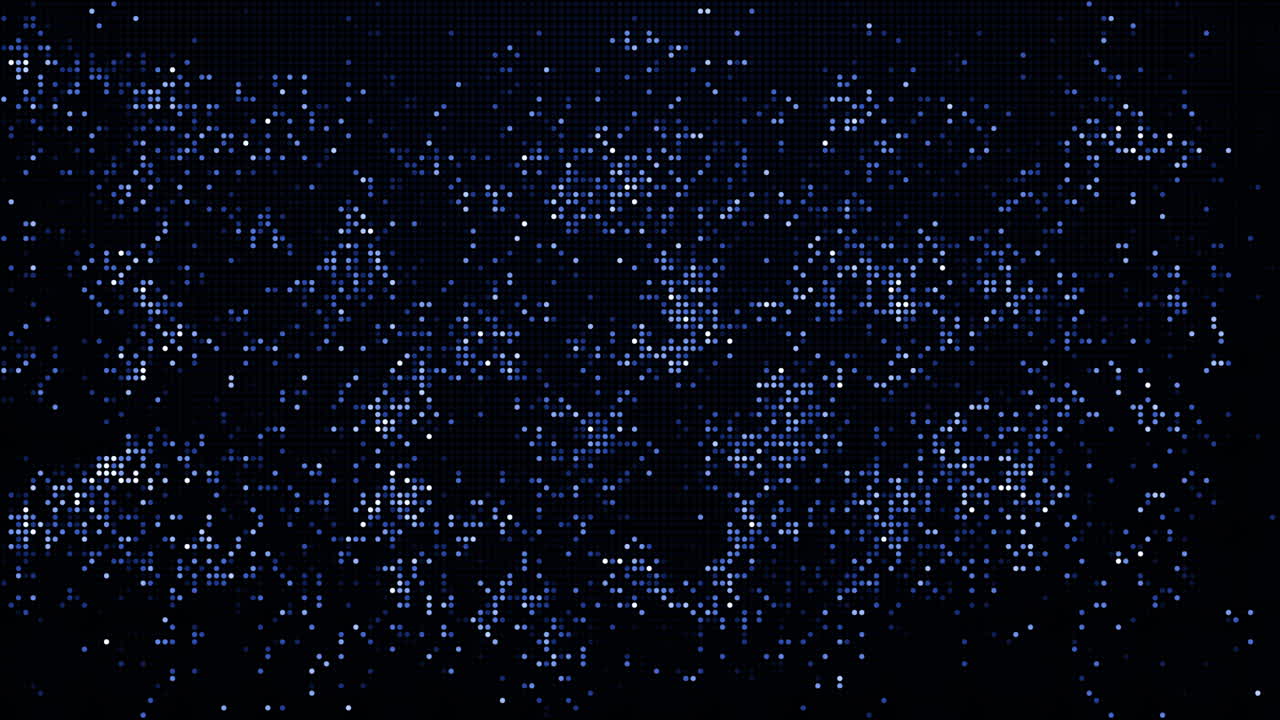 Rapid random flickering blue round pixel dots on dark background. Digital screen. Abstract looped animation.