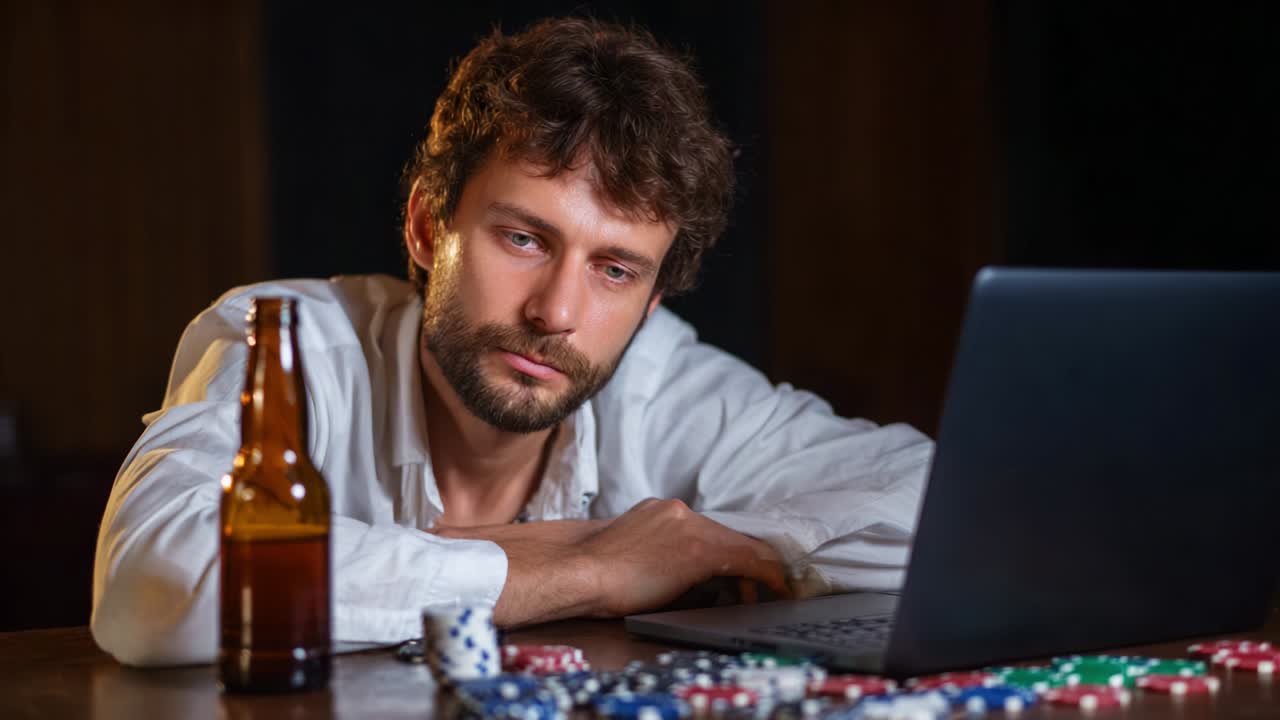 A man's emotional journey from despair to joy as he engages with online gaming, captured in two contrasting frames showing a moment of realization surrounded by poker chips and a cold beer