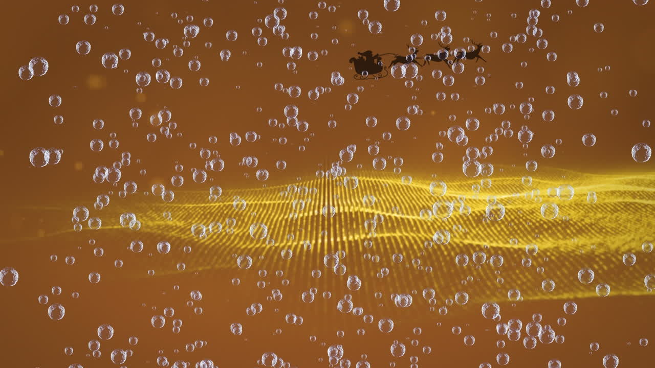 오렌지색 배경에 사과 함께 매에 산타클로스 위에 거품과 빛의 반점이 애니메이션