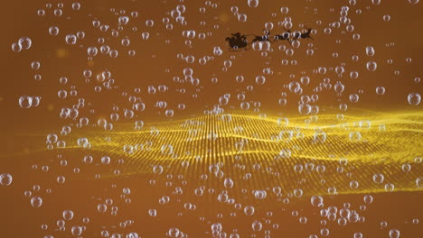 animation of bubbles and light spots over santa claus in sleigh with reindeer on orange background
