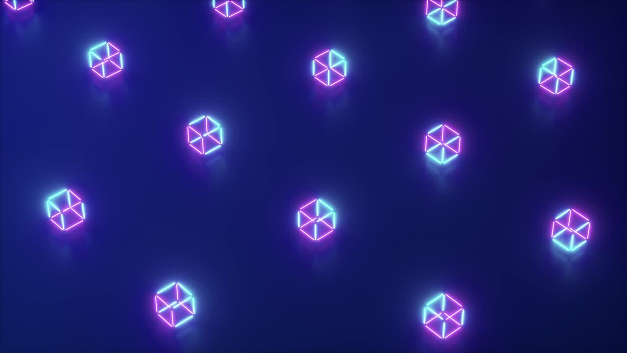 renderizado 3d de neón abstracto de formas geométricas. animación de bucle generada por computadora. fondo de iluminación láser moderno de colores, diseño de movimiento de bucle 4k sin costuras